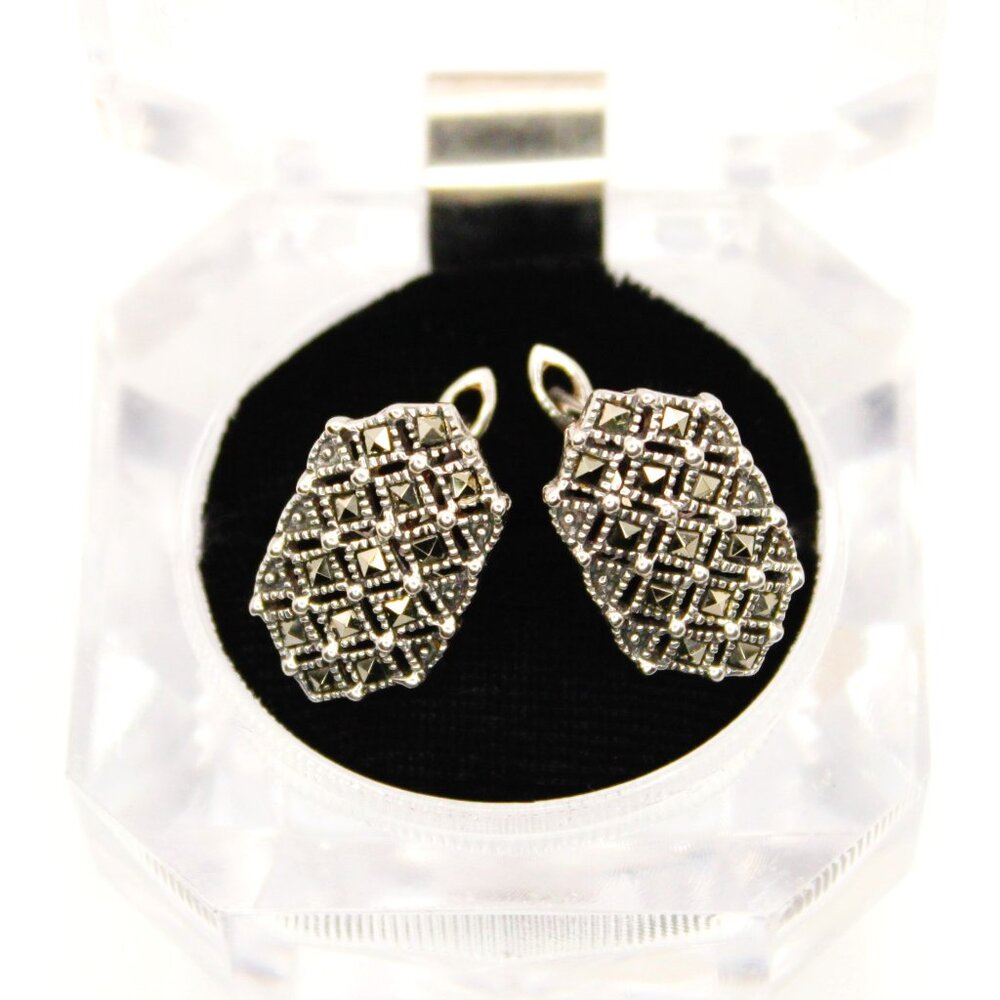 925 Sterling Silver Marcasite Art Deco Style Vintage Drop Earrings